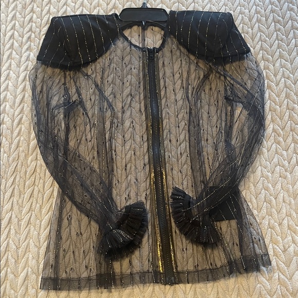 Zhivago Sheer Black Mesh Zip-Up Blouse with Puffed Shoulders - Picture 3 of 6